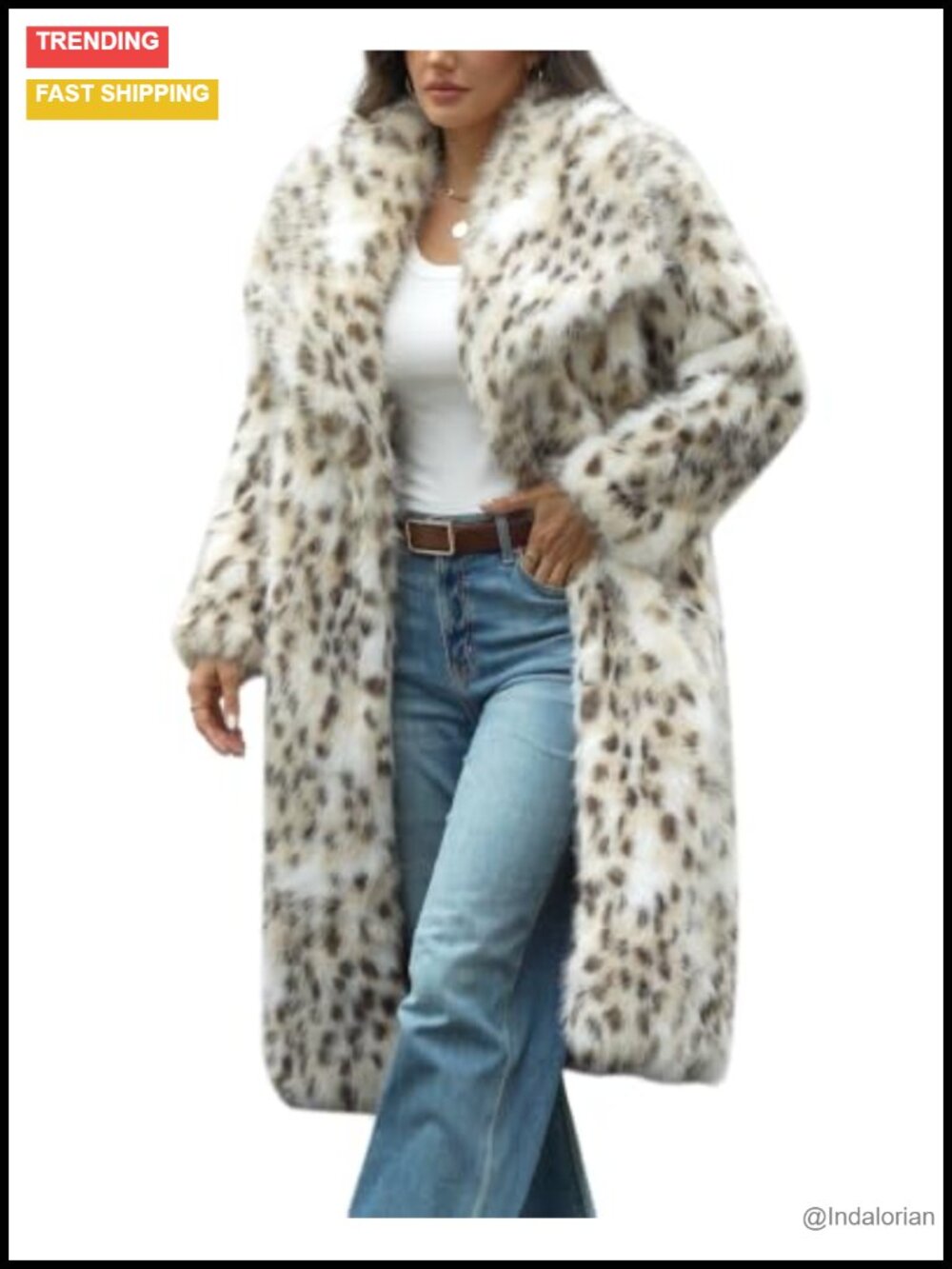 Faux Fur Long Coat Winter Fluffy Button Front Lapel Animal Print Jacket